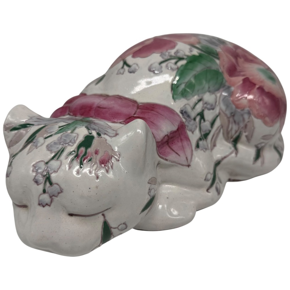 H.F.P. Macau Porcelain Sleeping Cat Figurine Floral Hand Painted Vintage Decor
